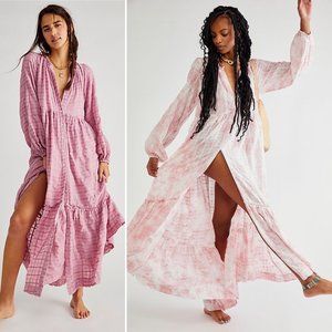NWT Free People Edie Washed Tie Dye Oversized Maxi Shirt Dress Pink White Small